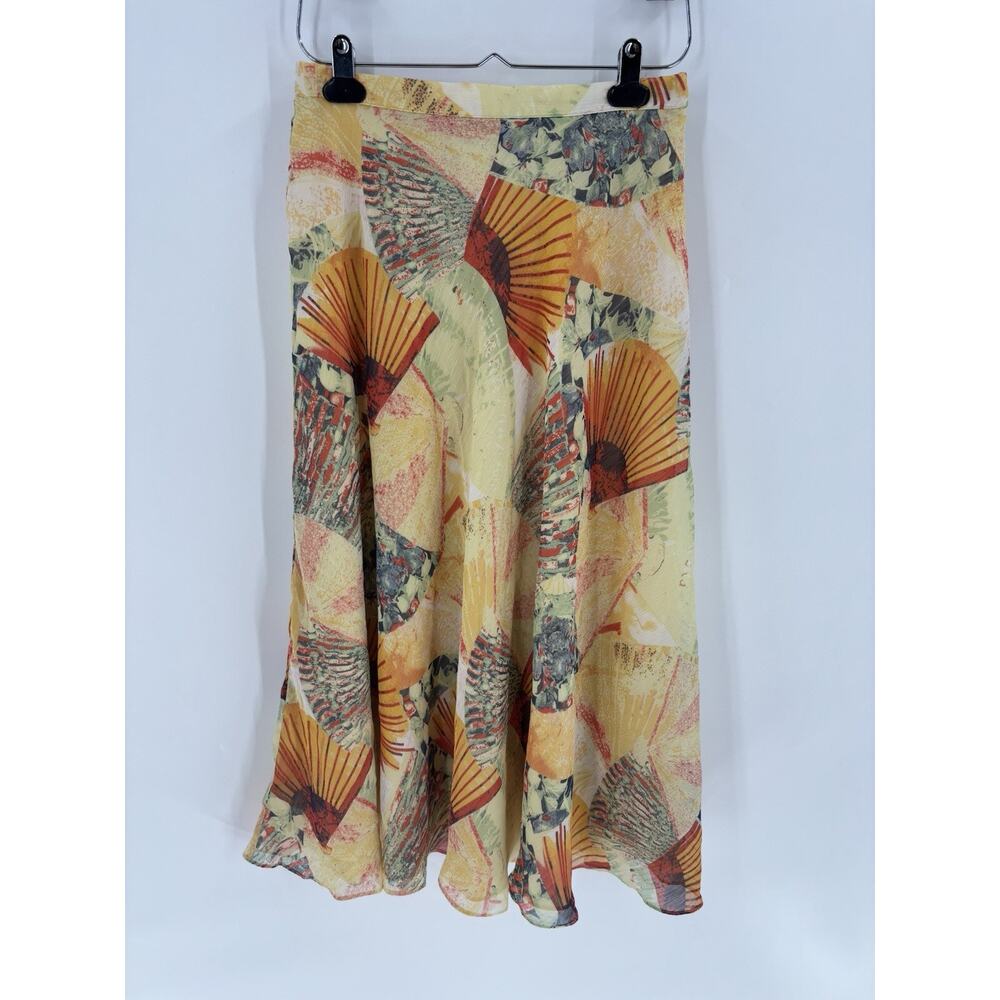 Coldwater Creek Skirt Womens Petite Medium Yellow Orange Fan Print Midi Ruffles